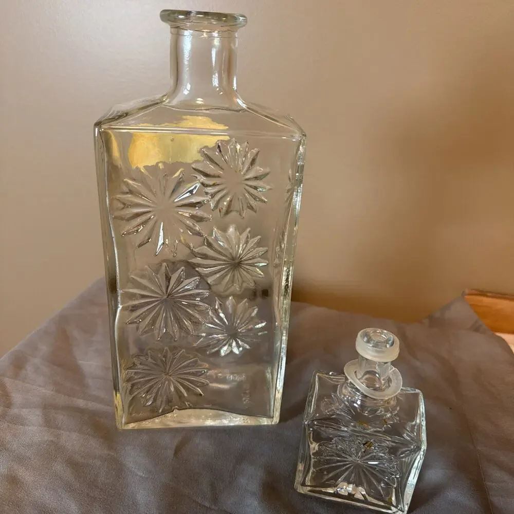 Vintage Square Clear Glass Whiskey Decanter Embossed Flowers(cork Is Gone)